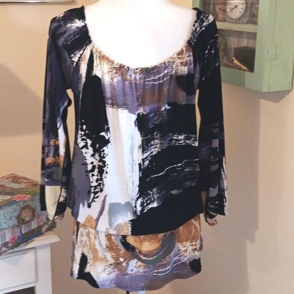 Eva Varro Gathered Tunic Dress Long Sleeve.  Scoop Neck. Absract - Picture 6 of 10